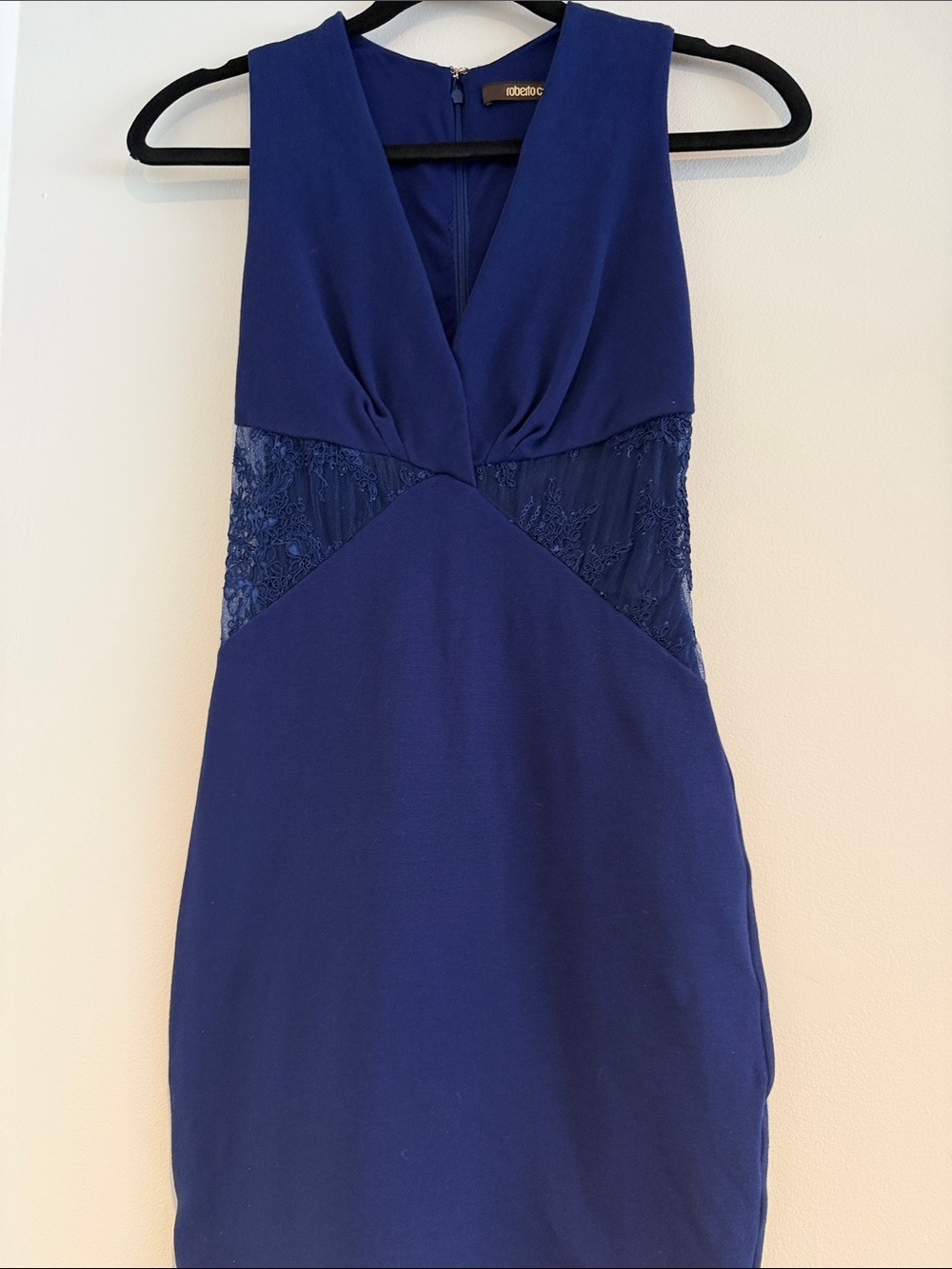 Roberto Cavalli Royal Blue V-Neck Mini Dress with Lace Insets